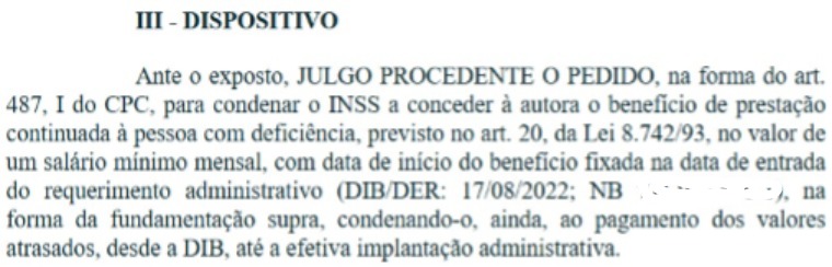 Trecho de sentença judicial favorável concedendo BPC/LOAS